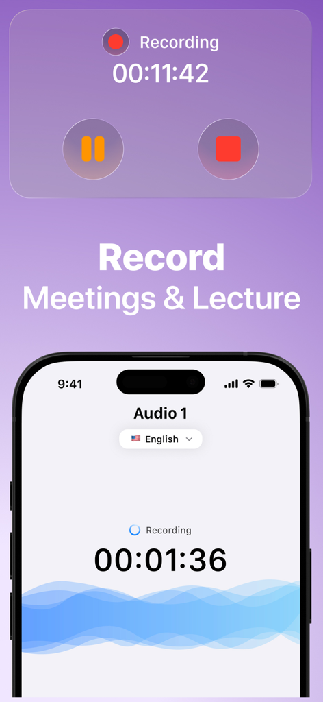 Live Transcribe: Voice to Text - Uma interface móvel para o aplicativo Live Transcribe mostrando a tela de gravação para reuniões e palestras com um cronômetro ativo e forma de onda de áudio.