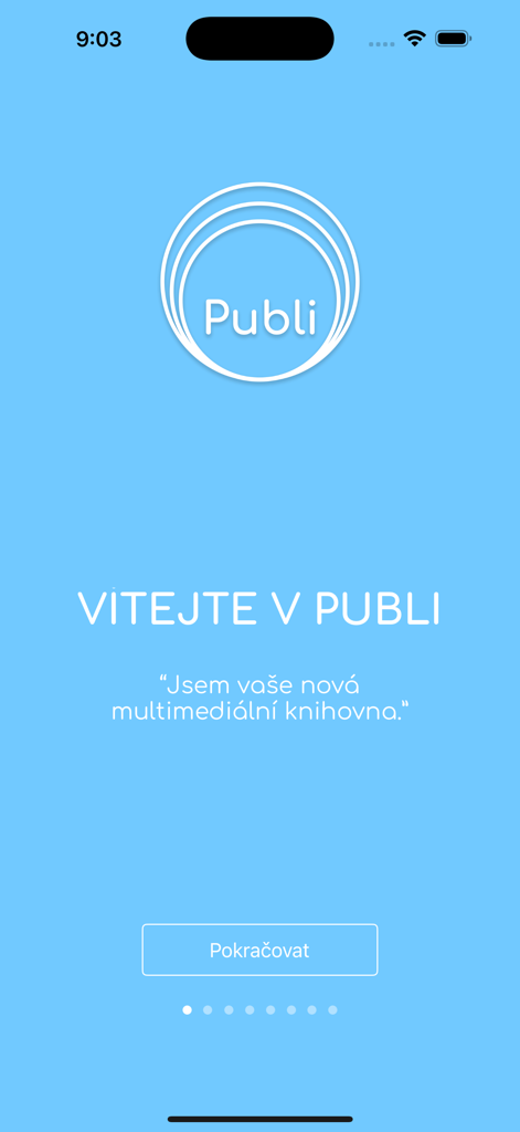 Publi - Publi app welcome screen introducing the multimedia library interface