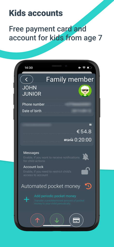 Écran de l'application mobile myTU pour la gestion des comptes bancaires des enfants et de leur argent de poche.