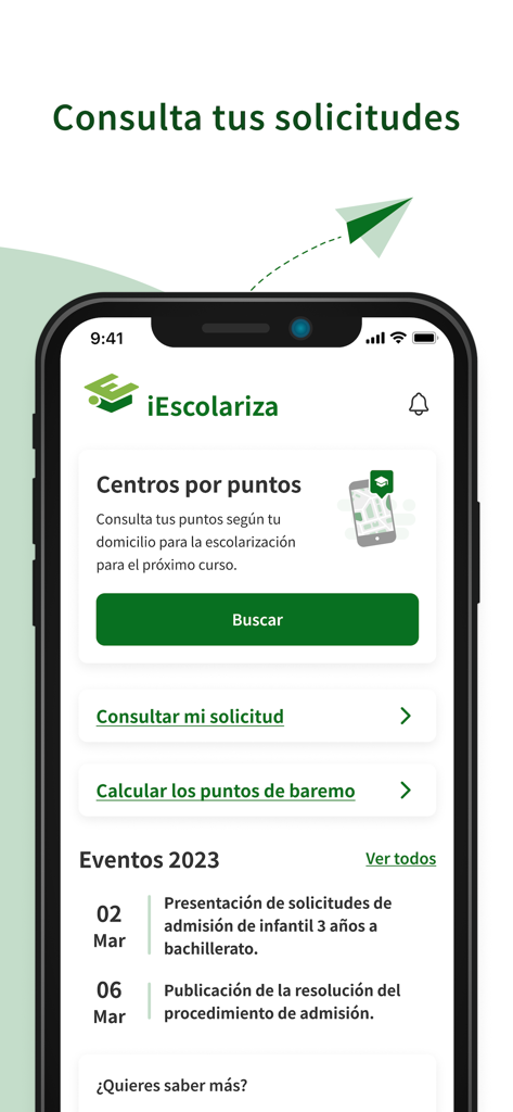 iEscolariza - Panel principal de la app iEscolariza que muestra las opciones de búsqueda de colegio y estado de solicitud para Andalucía
