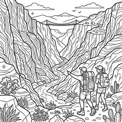Get ready for an incredible journey with this detailed canyon vacation coloring page designed especially for teens. Follow two adventurers as they explore the majestic depths of a rugged gorge, perfect for unleashing your creative colors.