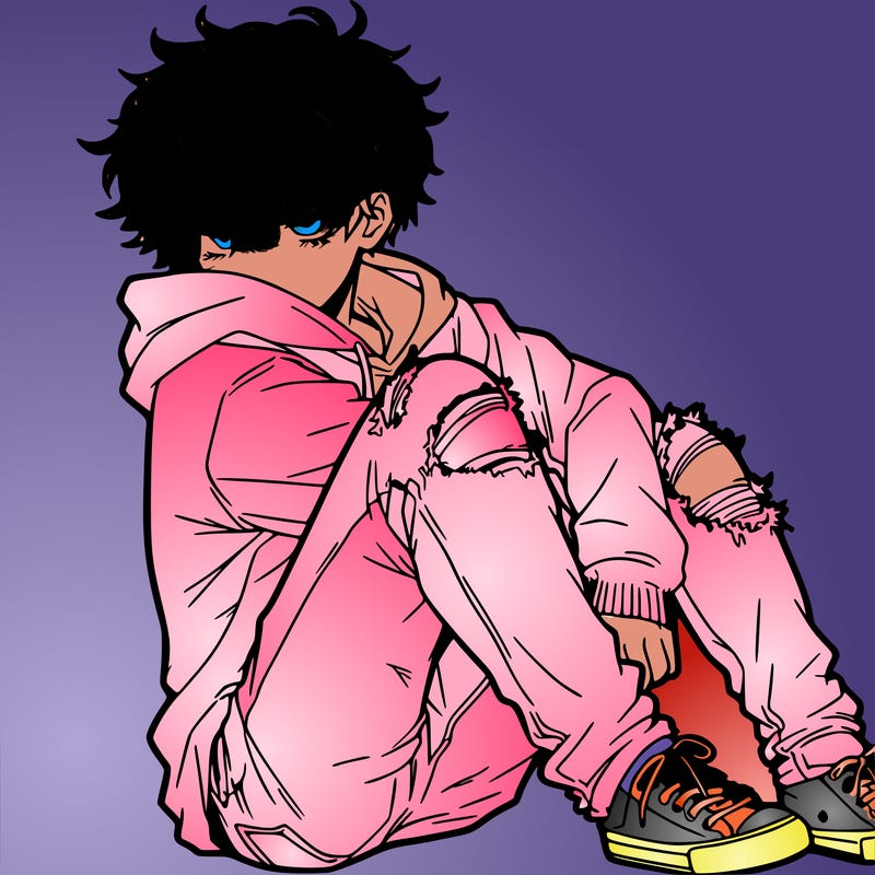 a male hoddie ripped jeans messy hair anime
