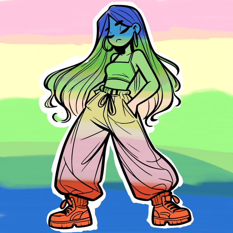 girl in baggy pants crop top and long hair
