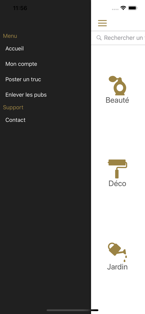 Mobile app screen showing navigation menu and categories for beauty home decor and gardening