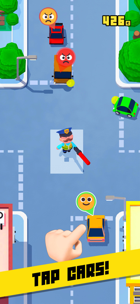Mr. Traffic - Screenshot of Mr. Traffic mobile game showing a traffic controller directing cars at a busy intersection with an instruction to tap cars.