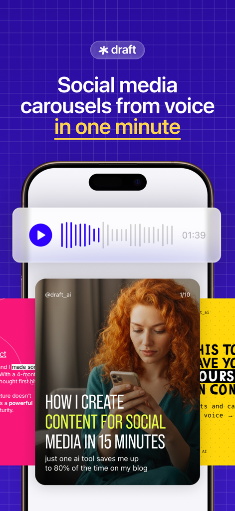 Carousel Posts Hooks: Draft AI - Smartphone exibindo a interface do aplicativo Draft AI transformando um memo de voz em um post carrossel profissional para mídias sociais