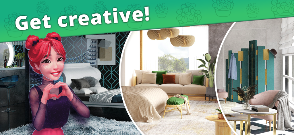 Interior Story:Decorating Home - A pink-haired character in a home design game showing modern decorated rooms with the text Get creative
