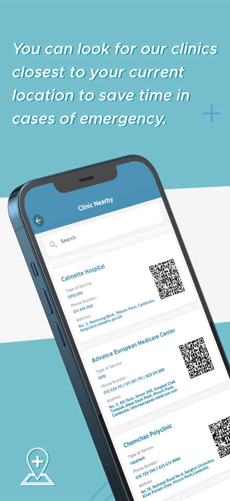 CB Mobile - Una interfaz móvil de CB Mobile que muestra una lista de hospitales y clínicas cercanas con información de contacto.
