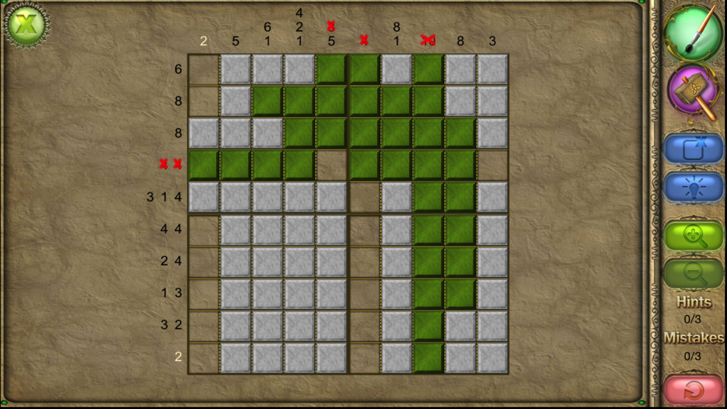 FlipPix Art - Town Square - A partially completed nonogram logic puzzle in the FlipPix Art Town Square app showing green tiles on a grid