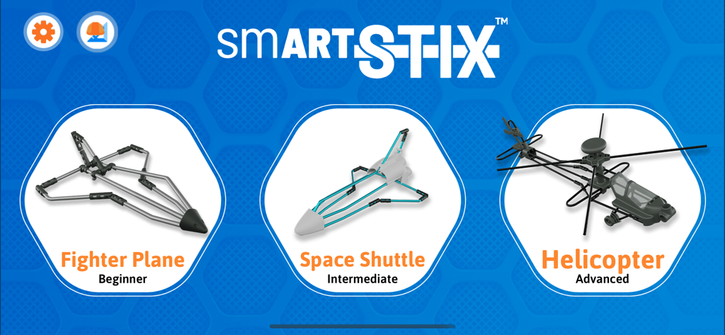 Schermata di selezione del progetto dell'app smART STIX con progetti per un caccia, una navetta spaziale e un elicottero di diversi livelli di difficoltà.