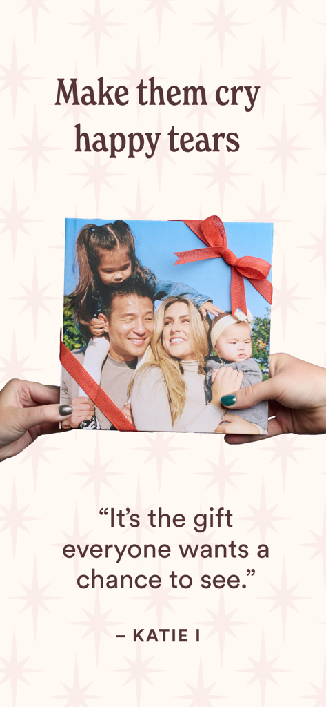 Chatbooks Family Photo Albums - Hands holding a personalized family photo book with a red gift ribbon and a sentimental testimonial.
