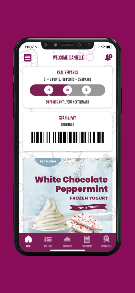 Yogurtland - Yogurtland app showing loyalty reward points progress and a barcode for scan and pay