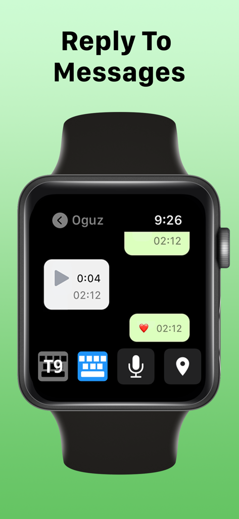 Apple Watch screen showing a chat conversation with options to reply using keyboard and voice message icons