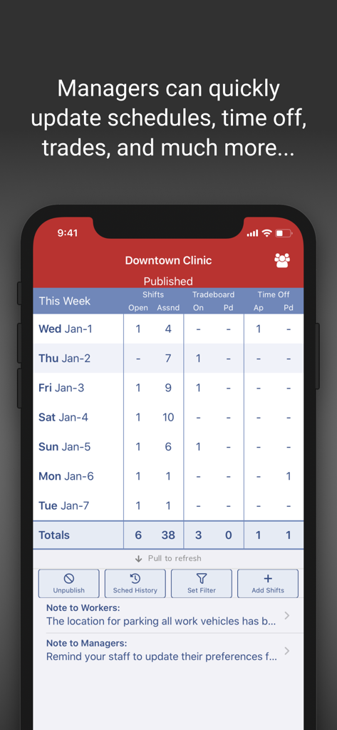Manager dashboard for employee scheduling showing shifts and tradeboard for a clinic