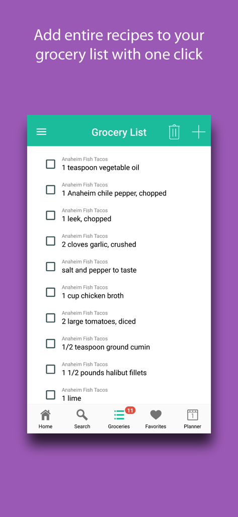 Diet Meal Planner - Diet Meal Planner app showing a grocery list with ingredients for Anaheim Fish Tacos