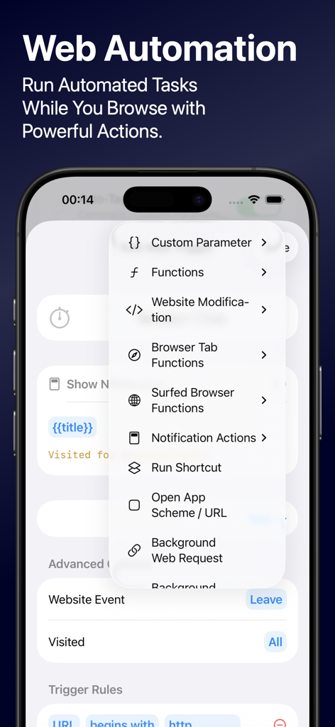 Surfed Pro Browser & Bookmark - Surfed Pro web automation menu with actions on iPhone