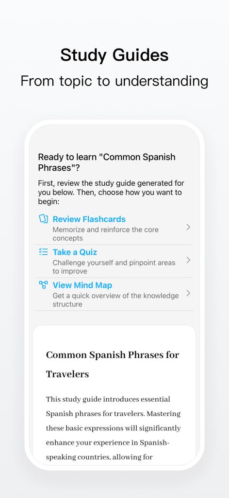 Keepmind mobile app screen showing study guide options for flashcards, quizzes, and mind maps.