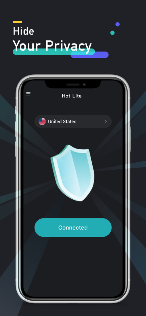 Hot VPN app interface showing a connected status to a United States server with a protective shield icon.