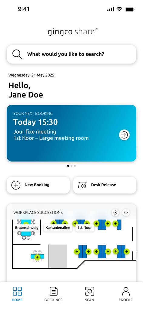 Gingco Share - The home screen of the Gingco Share app displaying a user greeting, an upcoming meeting booking, and an interactive office floor plan for workplace suggestions.