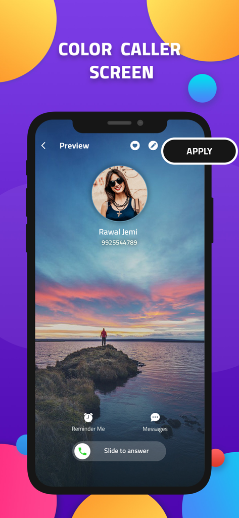 A preview of a customized caller screen with a sunset landscape theme and contact photo