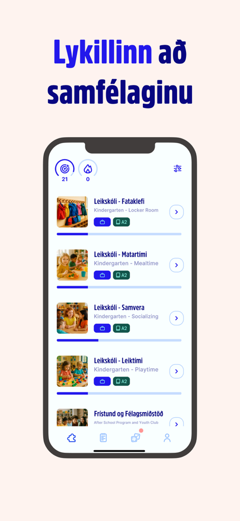 Bara tala - Bara tala app interface showing a list of Icelandic language learning modules for kindergarten and social settings.