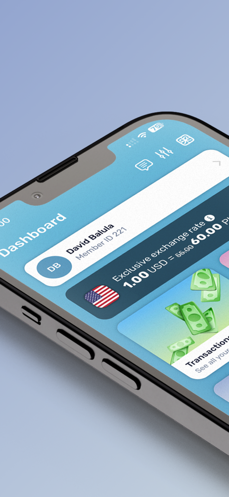 Kabayan Remit - Money Transfer - Kabayan Remit app dashboard showing the exclusive USD to PHP exchange rate on an iPhone