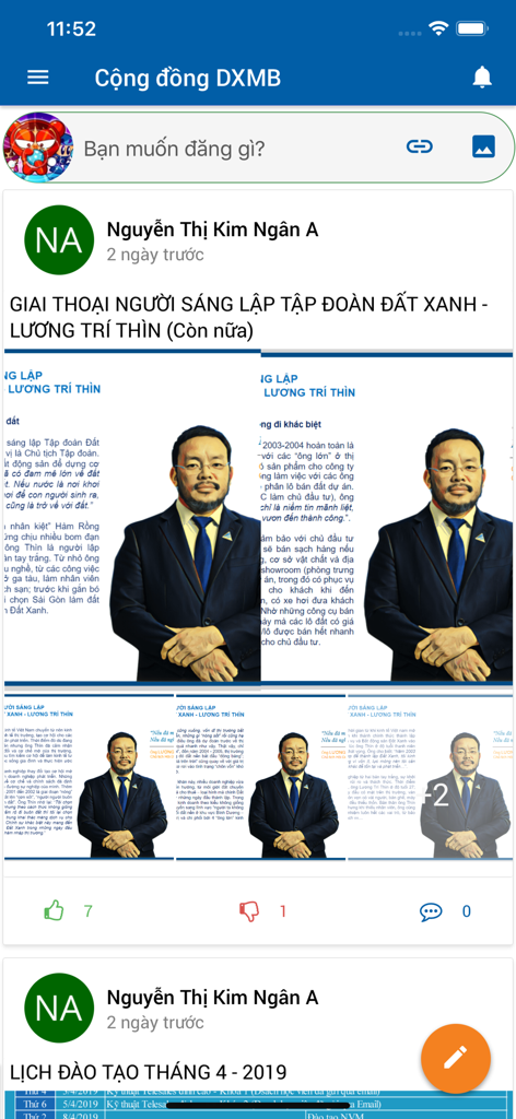 The community news feed of the Dat Xanh Mien Bac real estate app featuring company updates and professional insights.