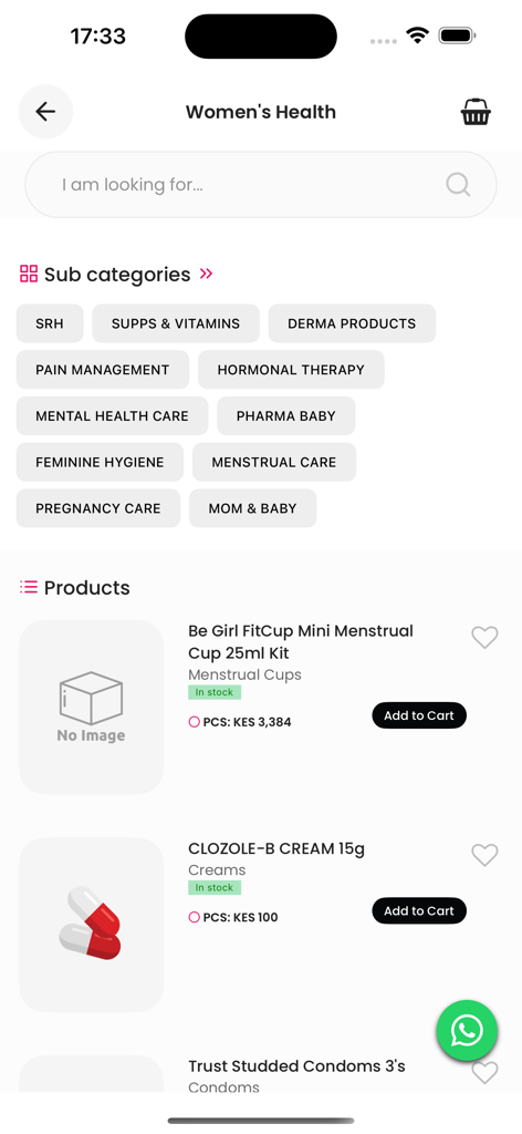 Kasha Care - Kasha Care 모바일 앱 인터페이스, 여성 건강 제품 카테고리 및 목록을 표시합니다.