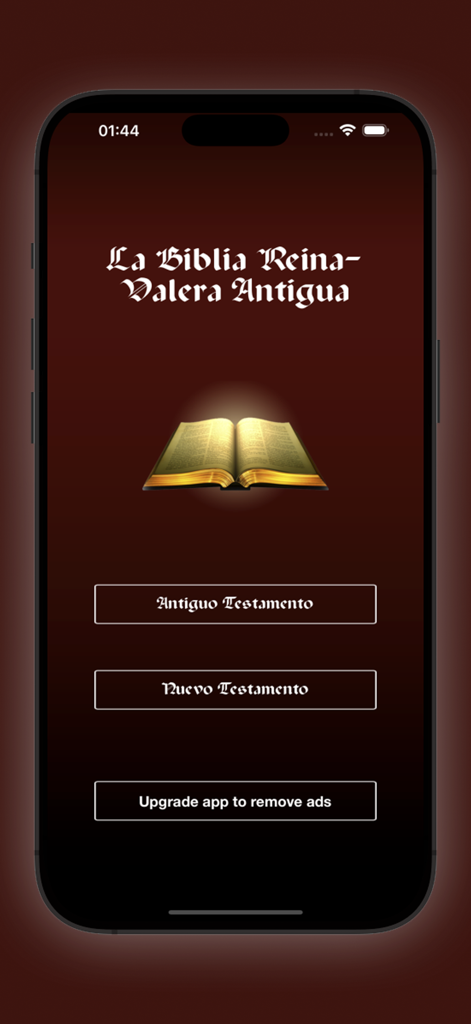 Spanish Bible - Reina Valera - Menú principal de la app Spanish Bible Reina Valera mostrando botones de selección del Antiguo y Nuevo Testamento