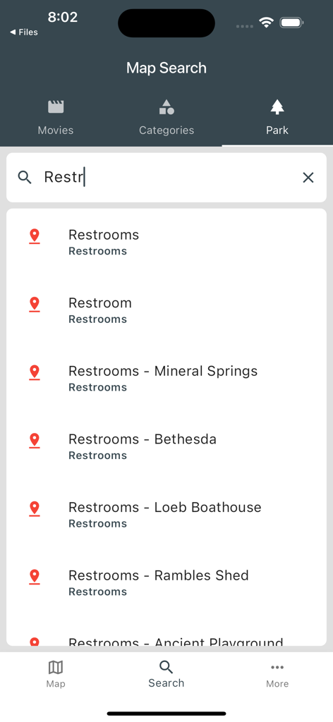 Central Park Movie Map - Search screen in the Central Park Movie Map app showing a list of restroom locations like Bethesda and Loeb Boathouse