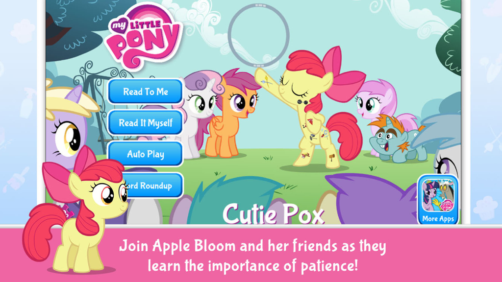 My Little Pony: Cutie Pox - Menú principal de la aplicación de cuento interactivo My Little Pony Cutie Pox con Apple Bloom y opciones de lectura