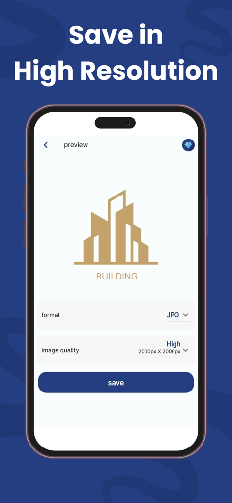 Ai Logo Maker & Design Creator - Vista previa de la aplicación AI Logo Maker mostrando opciones de exportación de alta resolución para un logo de edificio