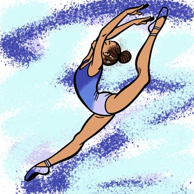 gymnast doing a leap in a leotard with a bent back leg
