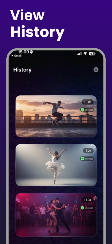 Motionly : AI Motion Control - Screenshot der Motionly App-Verlaufsseite mit einer Liste erfolgreich verarbeiteter Videoprojekte mit Dauer und Erfolgsindikatoren