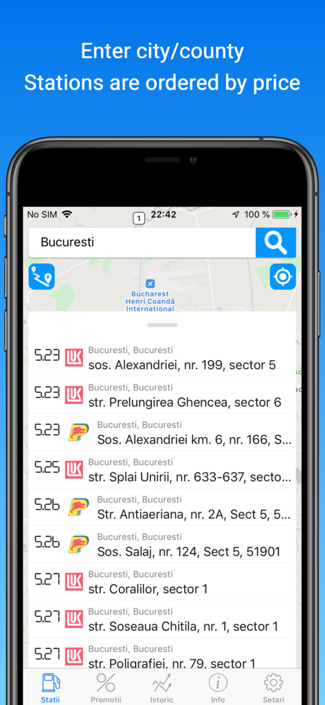 Mobile Benutzeroberfläche der Peco Online App, die eine Liste von Tankstellen-Kraftstoffpreisen in Bukarest, Rumänien, nach Preis sortiert anzeigt