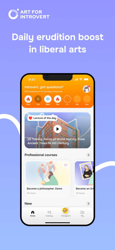 Pantalla de inicio de la aplicación de autodesarrollo Introvert que muestra conferencias diarias de artes liberales y categorías de cursos.