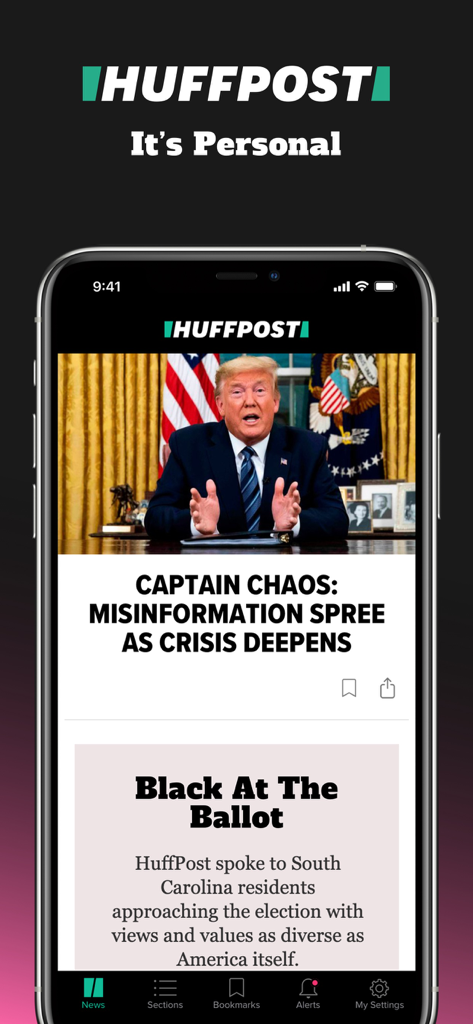 HuffPost mobile app showing headlines about politics and social issues on an iPhone