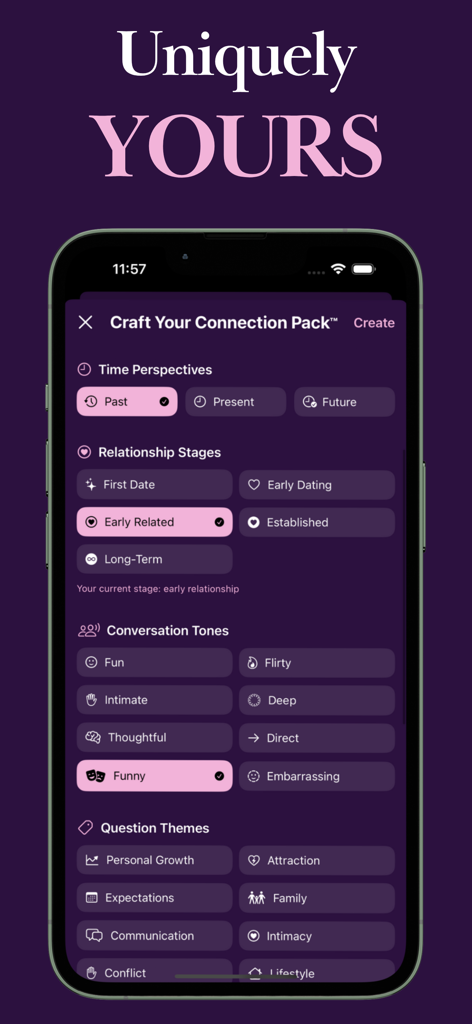 Couples Questions by Evermore - Pantalla de la aplicación móvil Evermore mostrando opciones para personalizar los Connection Packs seleccionando etapas de la relación y tonos de conversación