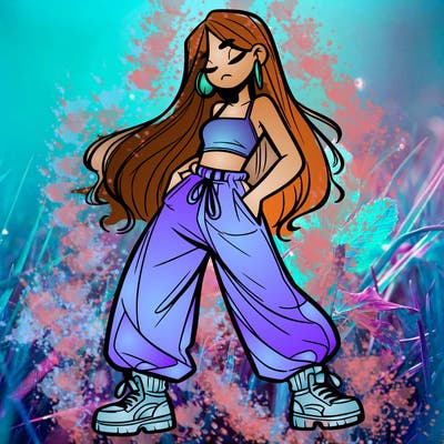girl in baggy pants crop top and long hair