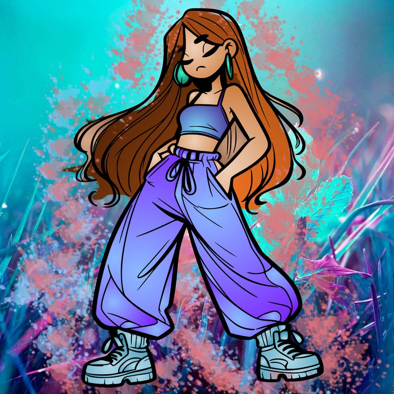 girl in baggy pants crop top and long hair