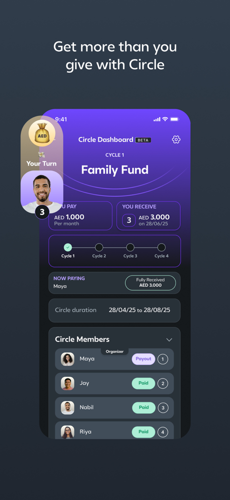 Maly - Your Smart Money App - Maly app Circle Dashboard showing a family fund group savings interface with member payment status and contribution cycle