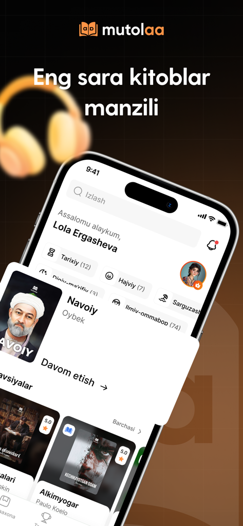 Mutolaa - ウズベクの書籍とオーディオブックのためのMutolaaモバイルアプリインターフェース