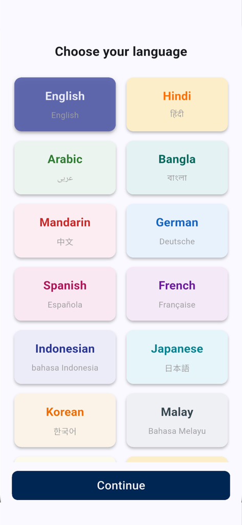 Language selection screen of the Indian Visa Su-Swagatam app featuring options for English, Hindi, Spanish, and French.