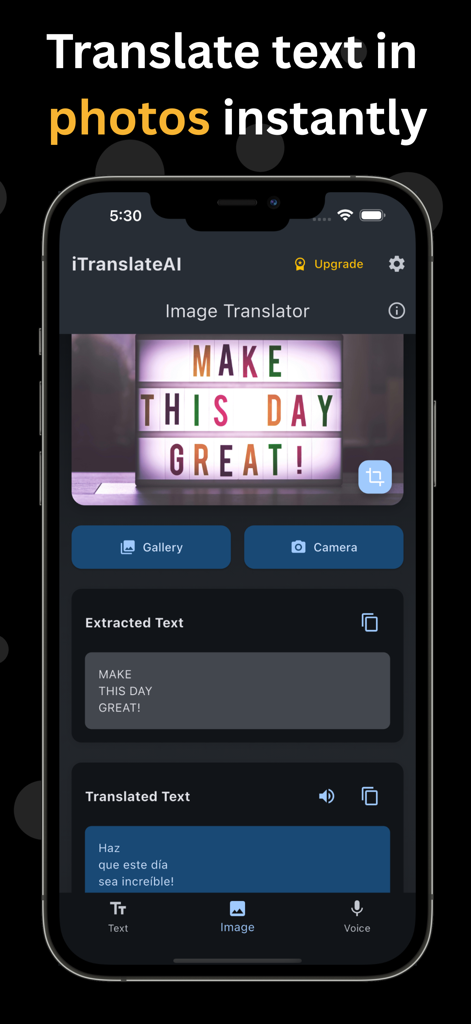 Interface of Travel Translator app showing the image translation feature converting English text from a photo into Spanish