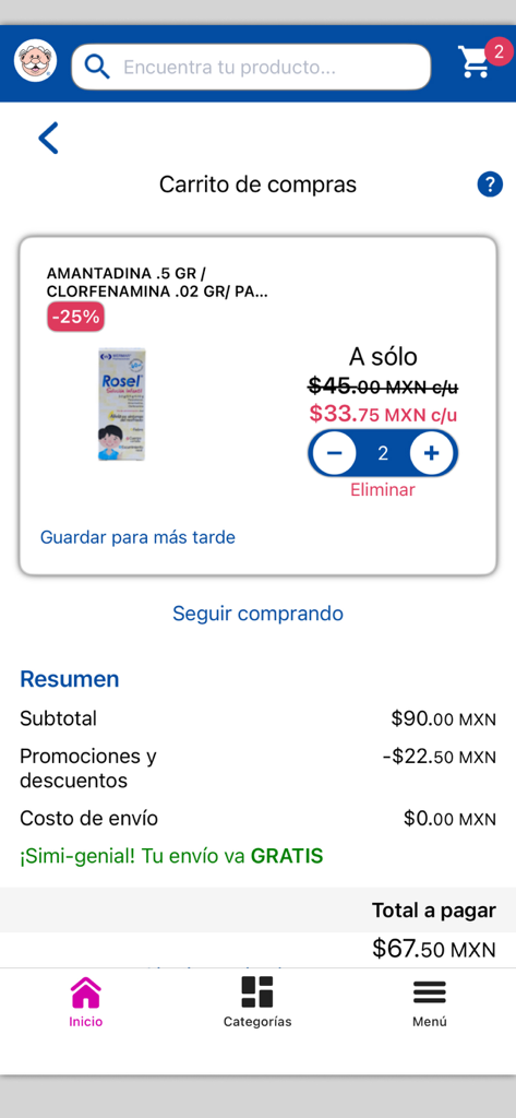 Warenkorb-Bildschirm in der Farmacias de Similares App mit Produktdetails und Zusammenfassung des kostenlosen Versands