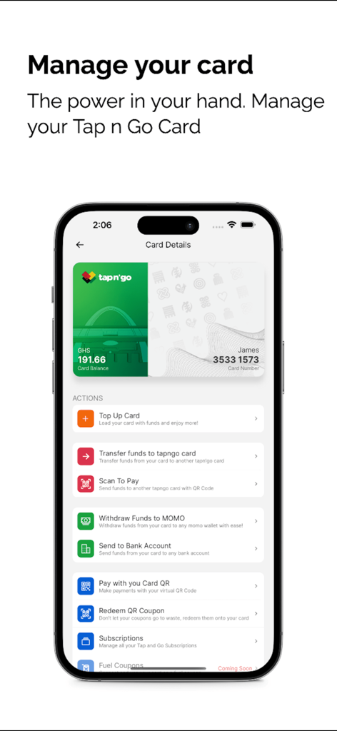 Tap n' Go - Commute in Ghana. - Tap n Go app interface showing a virtual travel card and commute payment options