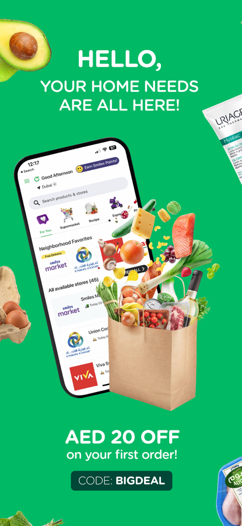 Smartphone screen showing elGrocer app interface next to a full grocery bag with a 20 AED discount offer for the first order.