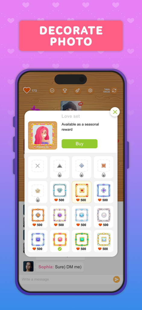 Spin the Bottle: make friends - A menu in the Spin the Bottle app showing a variety of decorative frames for profile photos available for purchase with in-game currency.
