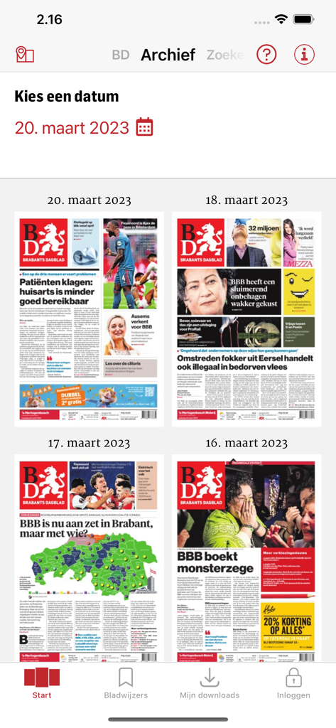 BD - Digitale krant - Archive screen of the BD app displaying digital newspaper covers from different dates