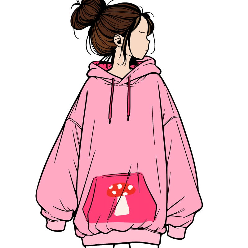 realistic girl with a oversized sweatshirt on and a bun